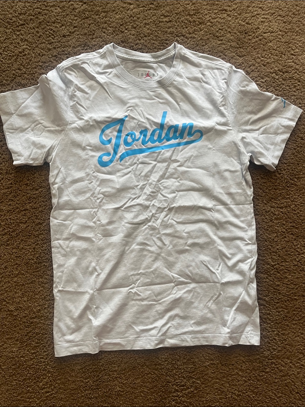 Jordan White Tee with Sky Blue Script Logo